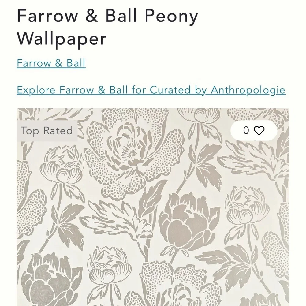Anthropologie Farrow & Ball Peony Wallpaper NWT